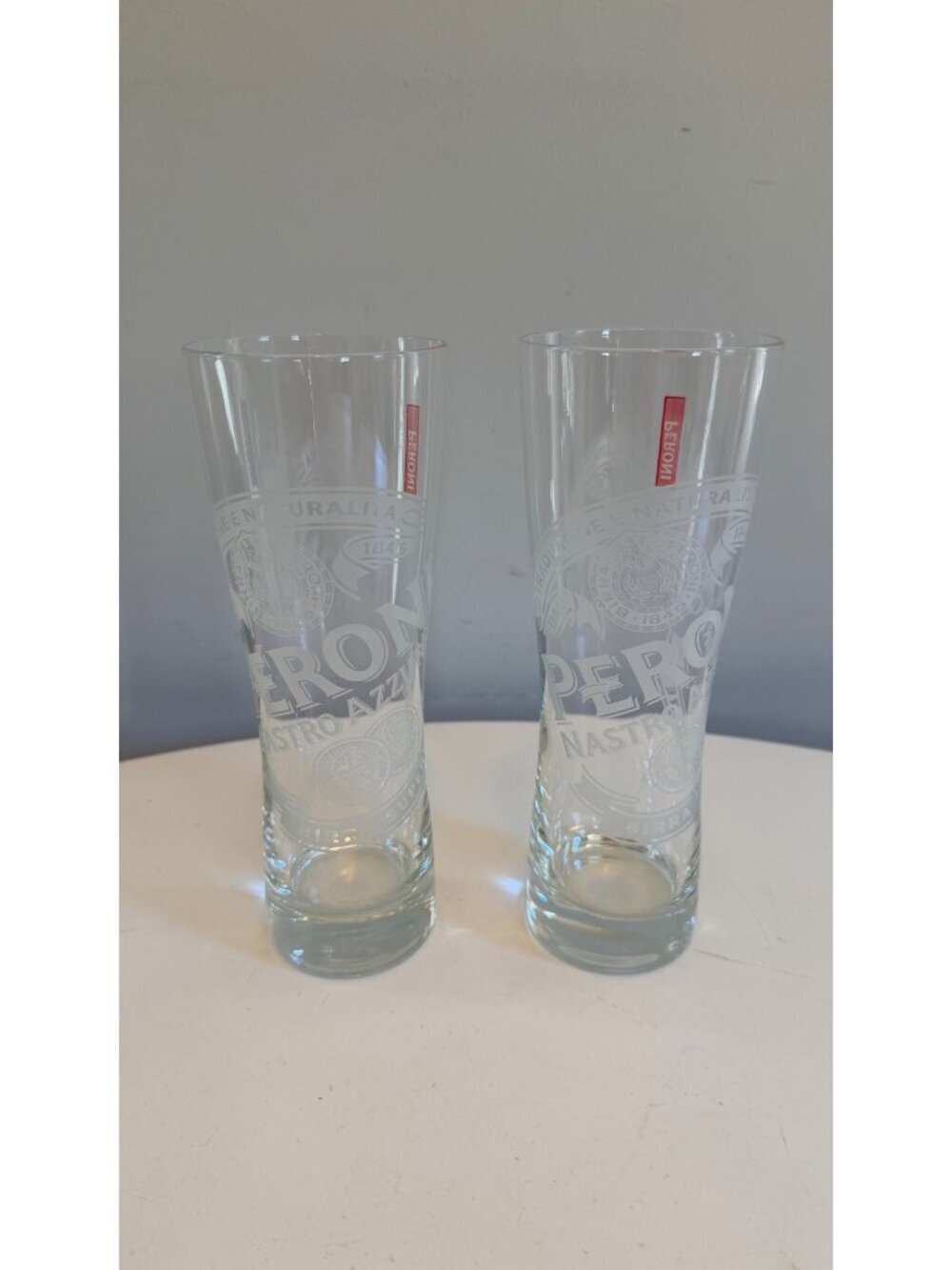 Peroni Nastro Azzurro Italian Tall 16 oz. Beer Glasses Etched Logo Set Of 2